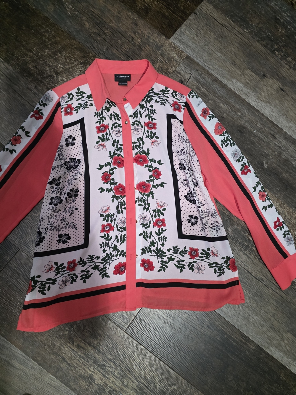 Liz Claiborne Coral Pink Floral Button-Up Blouse